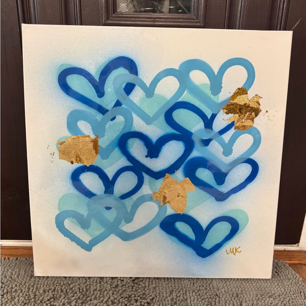 MK Decker Designs Blue Heart 24x24 Canvas Art with Gold Accents
